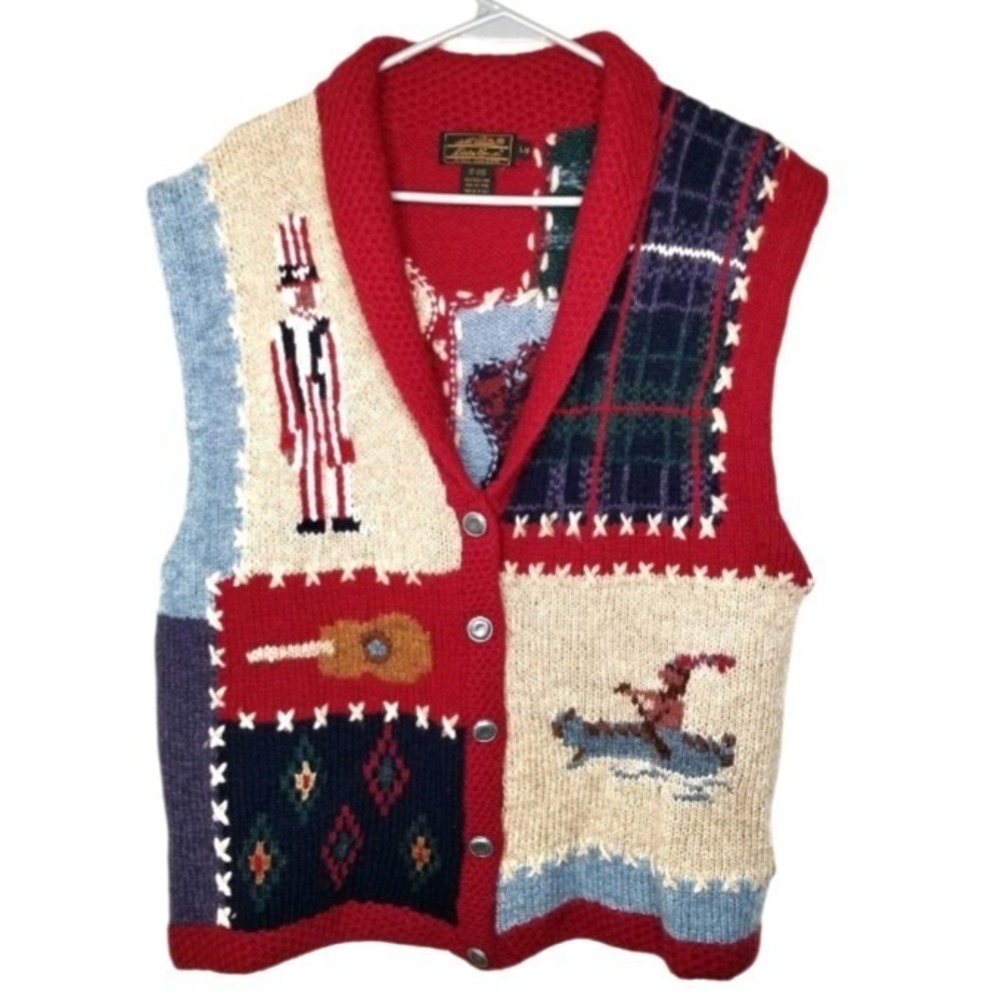 Vintage Eddie Bauer Wool Patchwork Sweater Vest L Americana Western Cottagecore
